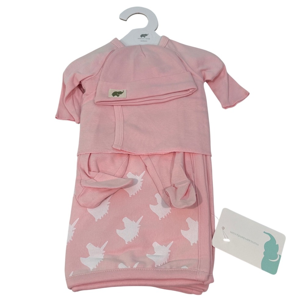 Monica + Andy Organic Cuddle Box Newborn 4pc Set Pink Unicorn Blanket Top Pant